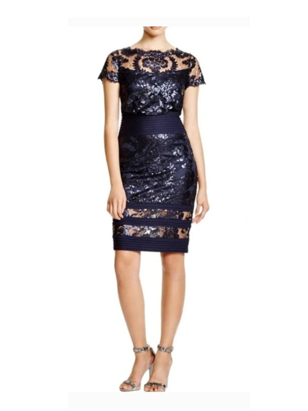 TADASHI SHOJI Navy Blue Sequin Lace Cocktail Dress Womens Sz 14